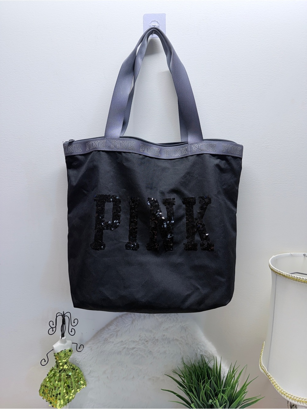 PINK Victoria's Secret Black Tote with Sequin Logo & PINK Webbing Detail 👛